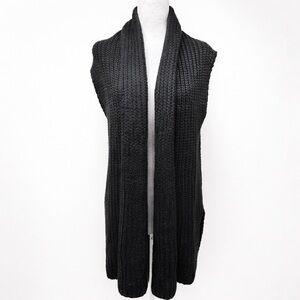 Black Chunky Knit Long Cardigan Vest Sleeveless Open Front Cozy Sweater Size L
